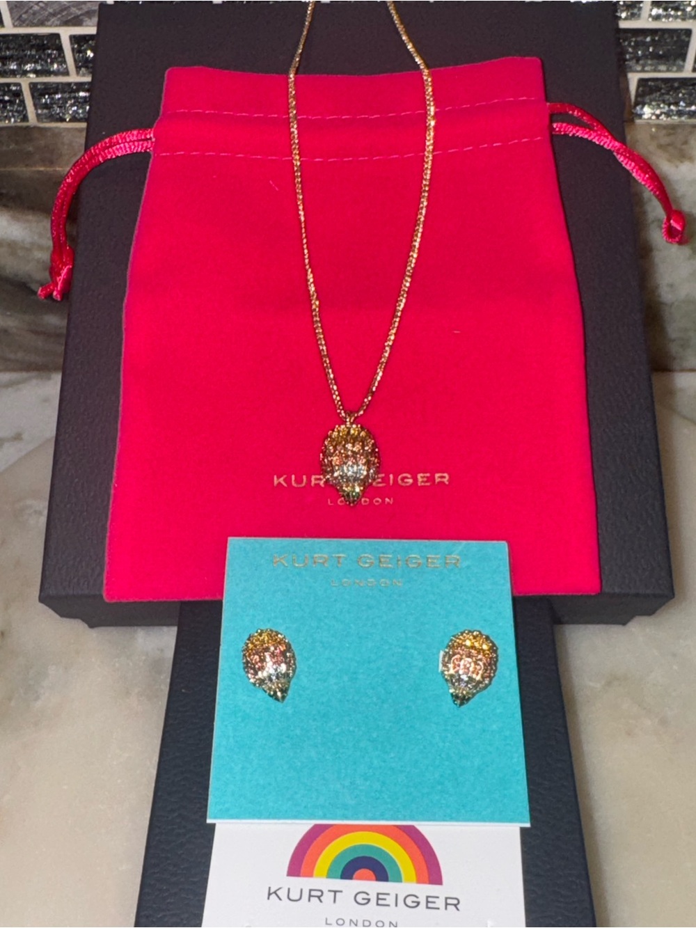 NWT Kurt Geiger Gold Multicolor Crystal Pendant Necklace & Stud Earrings Set